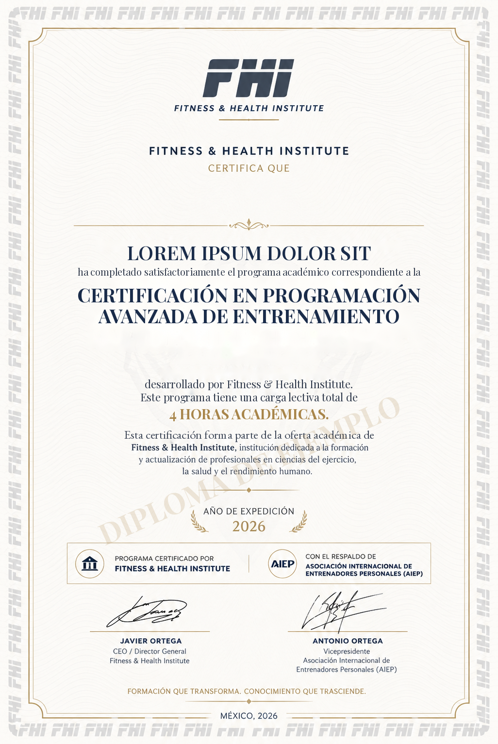 Ejemplo de diploma FHI de la Certificación en Programación Avanzada de Entrenamiento con respaldo AIEP